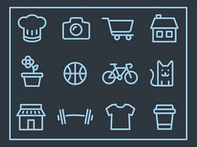 Line Icons basketball bicycle bike camera cart cat chef coffee flower gym hat house line shirt shop stroke weight