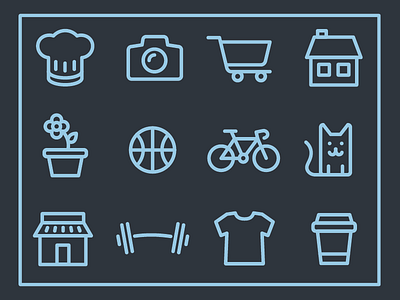 Line Icons basketball bicycle bike camera cart cat chef coffee flower gym hat house line shirt shop stroke weight