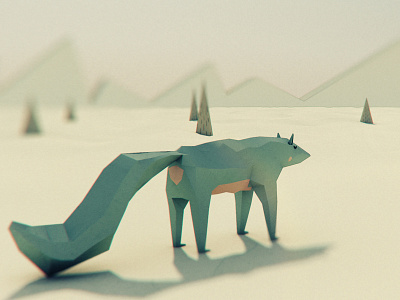 Lone Fox bushy tail c4d desert fox low poly mountains trees