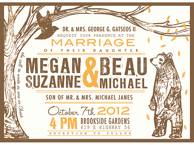 Autumn Wedding invitation bear bird brown and yellow fall hand drawn illustration tree wedding invitation