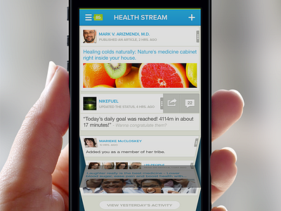 CareTribe Health Stream - Visual Concept app background blurry caretribe folding hand handsome health health app healthy iphone app light list list view notifications product design streaming swipe ui user experience user interface ux