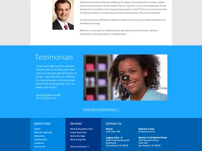 Pain Management Site clean design doctor flat footer management medical pain responsive testimonials video web website