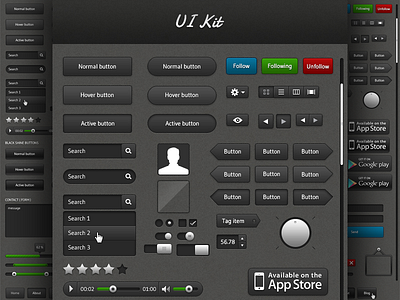 Dark & Shiny Ui Kit active app store button blue button states buttons check box contact form dark drop down google play button green hover modern normal photo frame player professional progress bar quick look radio button ratings red right shiny switch tag item tool tip value wheel wrong