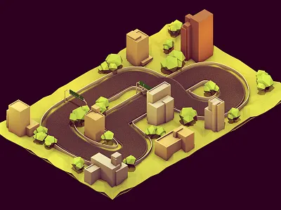 Racetrack asphalt buildings c4d car cinema 4d city game ios iso isometric landscape level level design low poly lowpoly model race race track racer racetrack render town track trees