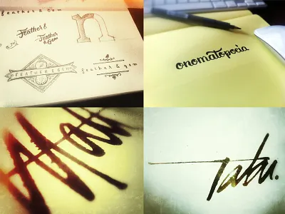 Sketches australia branding brush pen corporate identity custom type design agency feather gem gold coast lettering logo logo design matt vergotis process rope sketch tabu typeface verg verg advertising
