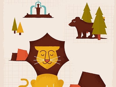 Lions, Bears & Gangsters bear bird cat colorful cute dangerdom dominic flask flat fountain fun geometry illustration lion mid century trees vector