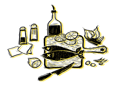 Cottage Cooking black black and white cooking drawing fish food illustration rough rustic wood cut yellow