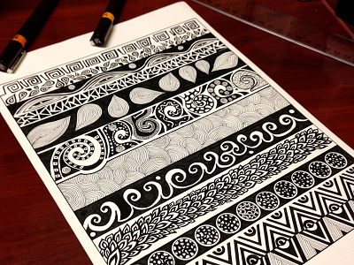 Tribal illustration process final stages abstract black and white circles ethnic illustration leafs nature elements rain rapidograph river spirals triangles tribal wind