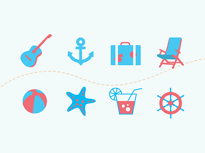 Icons for Travel Agency anchor bag ball blue chaise longue cocktail flat guitar icon red starfish travel wheel