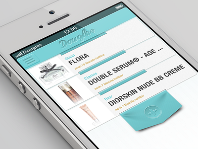 Douglas App Mock Up 3d app apps commetics douglas flag glamour ios iphone5 list list view pull to add realistic shadow style