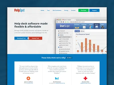 HelpSpot Home blue button chart flat help helpspot home menu navigation pattern red responsive screenshot testimonial