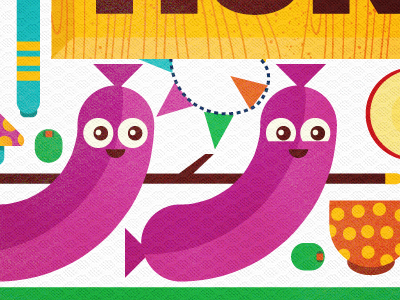 sausages barbecue character color dinner food fun grill meal meat olive paper pink sausage towel vector wood