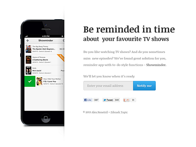 Showminder Landing page app corner input iphone landing page notify reminder showminder shows todo tv shows white