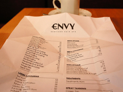 'Love ENVY' Price List branding creative direction envy graphic design hair hairdresser origami price list timmy woolley