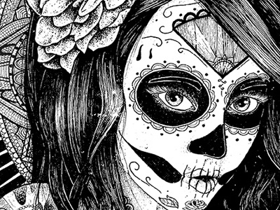 Dia De Los Bryan black and white day of the dead flower girl illustration