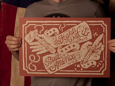 The Hands That Built America - Block Print americana art block block print castle derrick derrick castle design drawing folk graphic design illustration nashville nashvillemafia print straw castle strawcastle woodblock woodcut