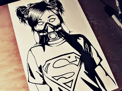 Super Girl gas mask girl illustraton pigtails spray paint superman