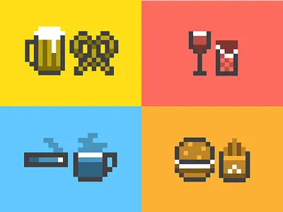 Classic Pixel Pairings 8 bit beer burger chocolate cigarette coffee fries icon pixel pretzel wine