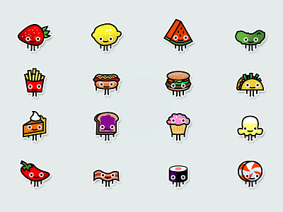 Tiny Food Characters bacon burger characters cupcake emoji fries heytvm hotdog illustration lemon pepper peppermint pickle pie popcorn sprites strawberry sushi taco toast trevor van meter tvm vector watermelon