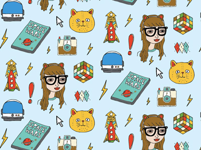 Geek Chic Pattern camera cat geek girl illustration nerd pattern pinball rubix