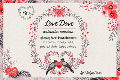 Love Dove Watercolor Collection dainty design dove couple floral frame floral templates folk style folklore illustration hand drawn love birds love clipart red and gray romantic illustration save the date seamless border seamless pattern valentines day watercolor clipart watercolor heart wedding design wedding invitation wedding wreath