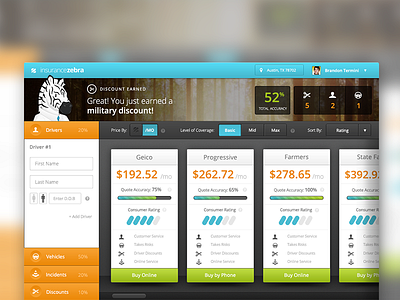 InsuranceZebra Design Direction V2 accordion background branding dashboard design experience handsome horizontal horizontal scrolling insurance insurancezebra interaction interactive interface photo profile progress progress bar scroll slide slider ui user user interface ux zebra