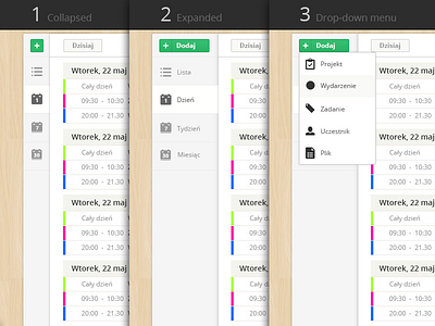 Side Menu Concept add application black buttons callendar collapse color day design down drop expand flat green icons interface menu month select side ui user ux week white wood