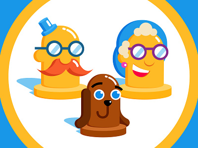 Retirement family animation concept dog family glasses hat man old styleframe woman yellow