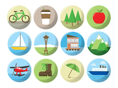 Seattle Icon Set design flat free iconic icons landmarks nature outdoors pacific pnw seattle simple sitka space needle theme trees