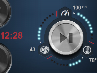 Futuristic Delta UI aluminium glow knob playpause settings texture