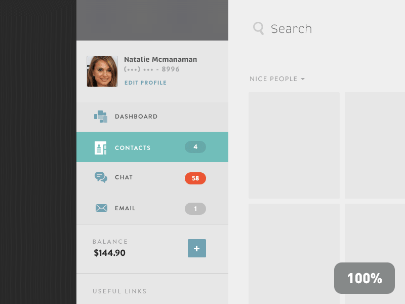 Dashboard navigation [animated] $144.90 balance chat contacts dashboard design email natalie navigation ui ux web zoom