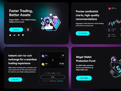 Web3 Wallet UX/UI Showcase blockchain ui candlestick charts crypto analytics crypto wallet dark theme digital assets financial tools futuristic design gradient accents interactive cards mobile first modern design protection fund seamless exchange trading experience trading ux user friendly ux ui ux ui design web3 wallet