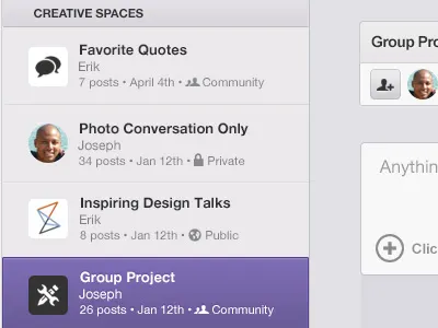 Creative Spaces chisel groups list select spaces