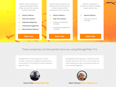 Plans + Social Proof orange plans testimonial