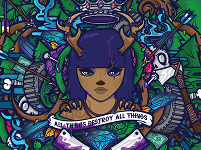 All Things Destroy All Things antlers arrow cleaver concepts crystal dear depthcore diamond female flower gears hatchet jthree mist money primal skull thorn tree vine wood