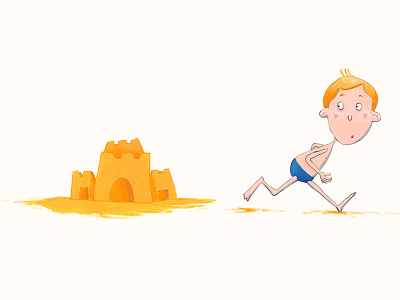 Frightened acrylic boy digital frightened illustration sandcastle sea summer