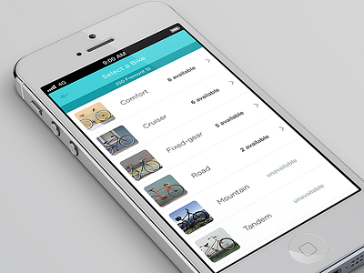 Bike Rental App clean flat flat ui ios iphone list list view minimal mobile mobile app ui user interface