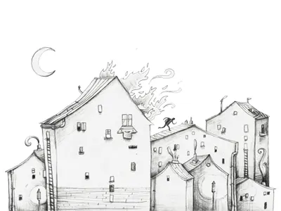 Musicbox sketch drawing fire house houses in progress night sketch