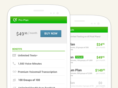 Android Upgrade android app benefits button buy calling clean entitlements flat green in app billing interface list message mobile payment plans premium prices pricing purchase rows s3 sendhub statistics text textt ui upgrade usage
