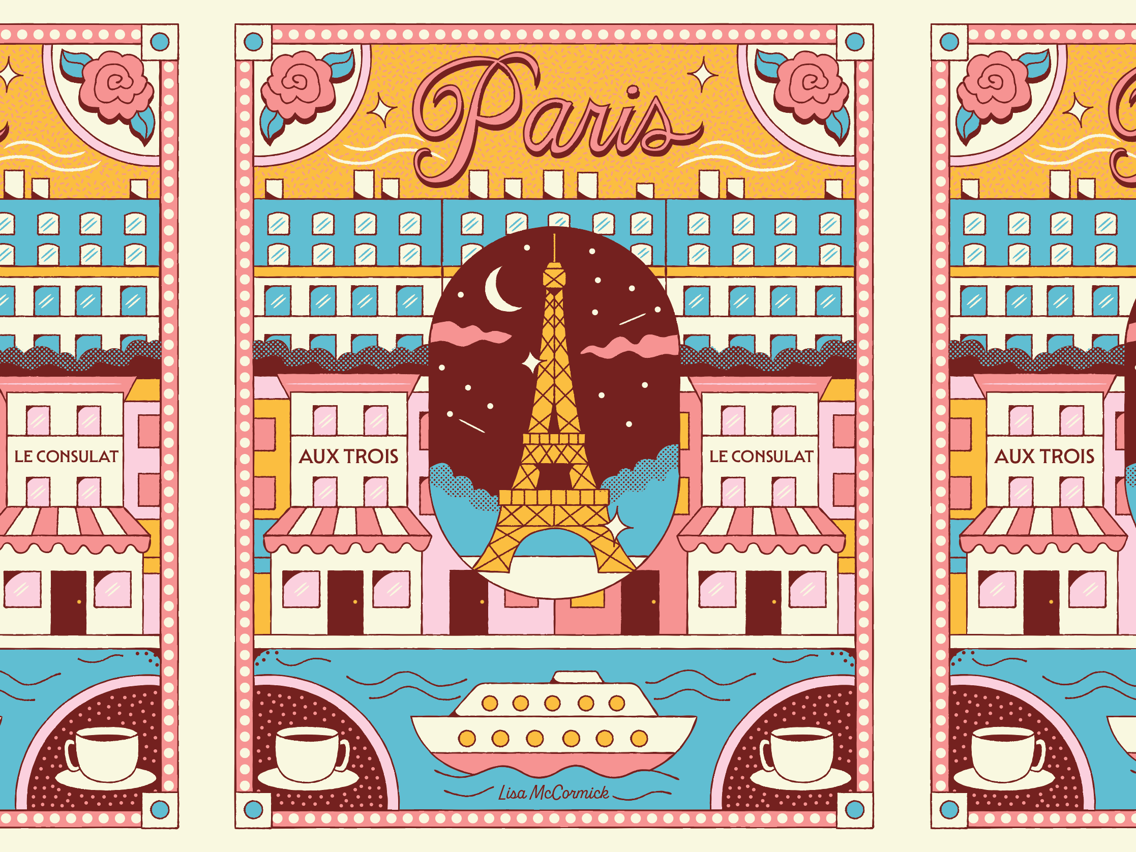 Paris Travel Illustration for Adobe Live adobe boat branding cafe coffee color design editorial eiffel tower flower graphic design illustration illustrator lettering paris poster seine river travel