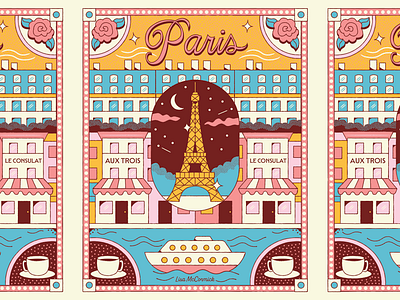 Paris Travel Illustration for Adobe Live adobe boat branding cafe coffee color design editorial eiffel tower flower graphic design illustration illustrator lettering paris poster seine river travel