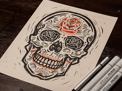 Rose Sugar Skull - Block Print americana art block block print castle derrick derrick castle design dia de los muertos drawing folk graphic design illustration nashville nashvillemafia print rose straw castle strawcastle sugar skull woodblock woodcut