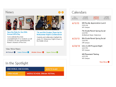 News, Calendar, and Spotlight buttons calendar events feed flat flat design homepage list news photos school slider spotlight web design website