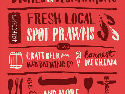 Hand-lettered invite canoe prawns stack totem