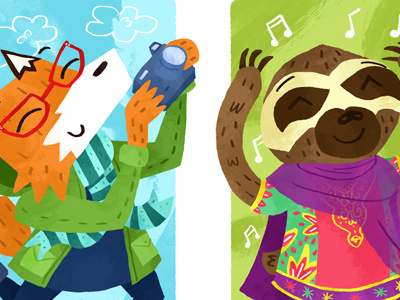 Animal Portraits animals camera character design childrens book picture book cloud dance fox glasses illustration illustrator music photoshop portrait sari scarf sloth