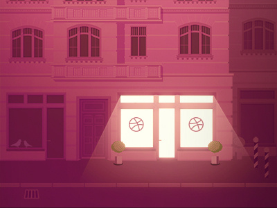 Hello everyone! building city debut dribbble first shot glow house illustration lasseundbosse night nighttime open pink shop street thanks urban window