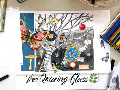 Working On Small album artwork butterfly collage hand drawn illustration ink tree watercolor