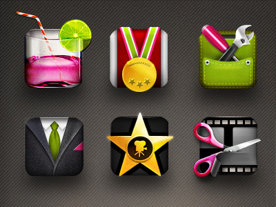 Icons Application2 cocktail icons medal scissors star suite tools video