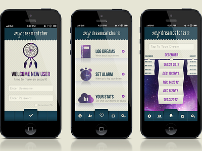 Dreamcatcher App Design alarm app blue dream dreamcatcher illustration journal log login mobile navigation phone purple screen