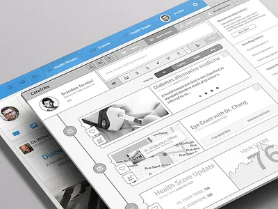 CareTribe - UX Wireframe blue design explore feed followers graph handsome handsomemade health health care like medical medicine mock up news notifications perspective post profile profile page recommended shadow share stream suggested trending update wireframe wireframing